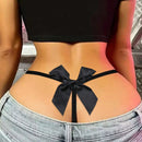 Tanga sexy transparente con encaje, malla y decoracion de lazo