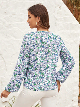 Clasi Camisa De Manga Larga Para Mujer Con Estampado Floral, Corte Completo Y Ribeteado De Encaje