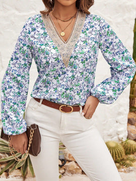 Clasi Camisa De Manga Larga Para Mujer Con Estampado Floral, Corte Completo Y Ribeteado De Encaje