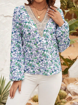 Clasi Camisa De Manga Larga Para Mujer Con Estampado Floral, Corte Completo Y Ribeteado De Encaje