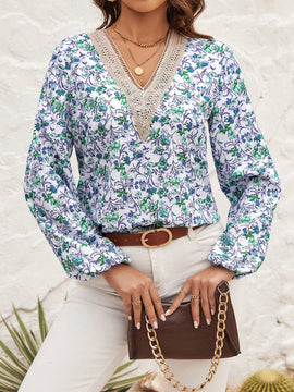 Clasi Camisa De Manga Larga Para Mujer Con Estampado Floral, Corte Completo Y Ribeteado De Encaje