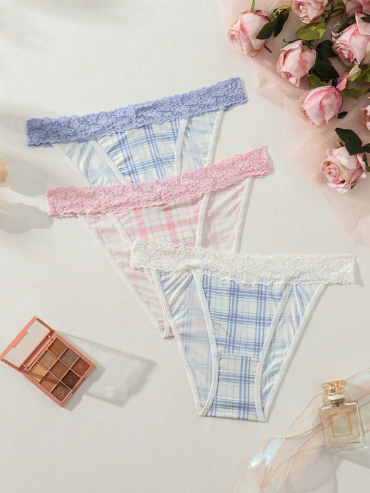 Panties Triangulares Con Encaje Y Parches De Tartan Para Mujer