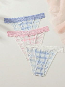 Panties Triangulares Con Encaje Y Parches De Tartan Para Mujer