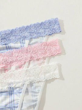 Panties Triangulares Con Encaje Y Parches De Tartan Para Mujer