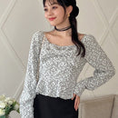 FRIFUL Camisa De Manga Larga Con Decoracion De Lazo Y Estampado Completo Para Mujer