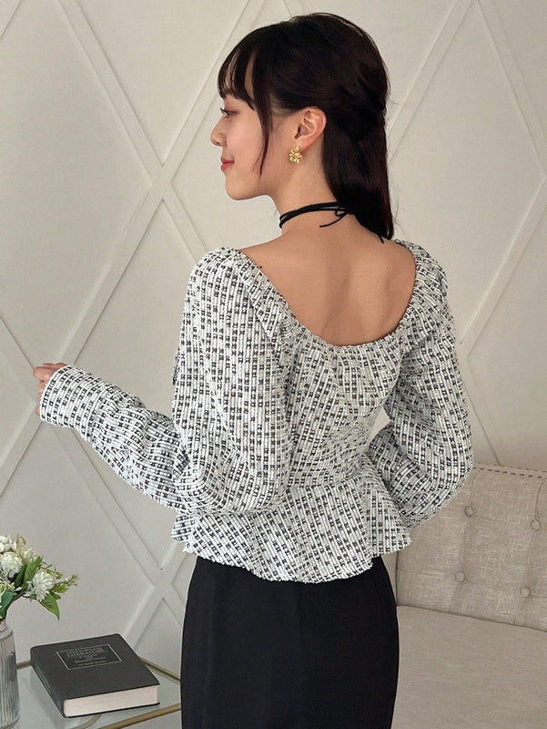 FRIFUL Camisa De Manga Larga Con Decoracion De Lazo Y Estampado Completo Para Mujer