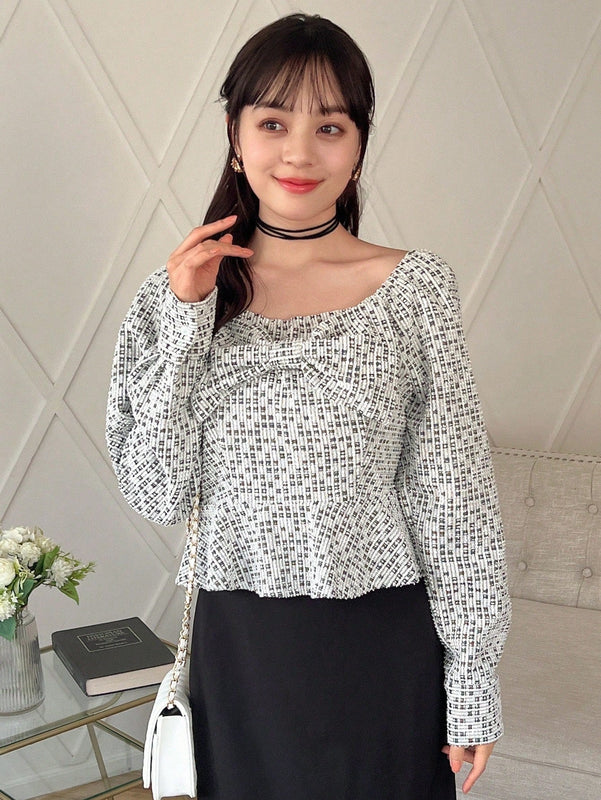 FRIFUL Camisa De Manga Larga Con Decoracion De Lazo Y Estampado Completo Para Mujer