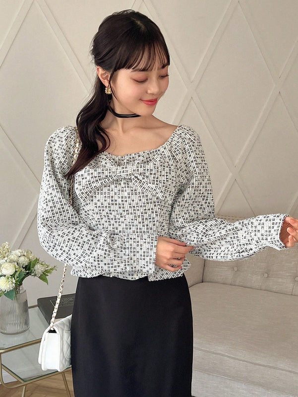 FRIFUL Camisa De Manga Larga Con Decoracion De Lazo Y Estampado Completo Para Mujer