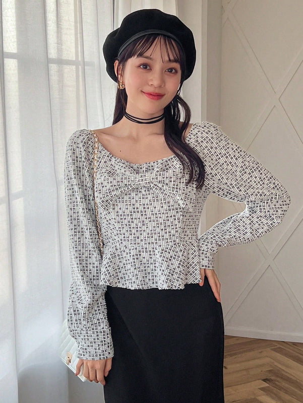 FRIFUL Camisa De Manga Larga Con Decoracion De Lazo Y Estampado Completo Para Mujer