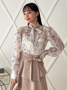 FRIFUL Camisa De Manga Larga Para Mujer Con Diseno De Flores Impresas Y Lazo Frontal
