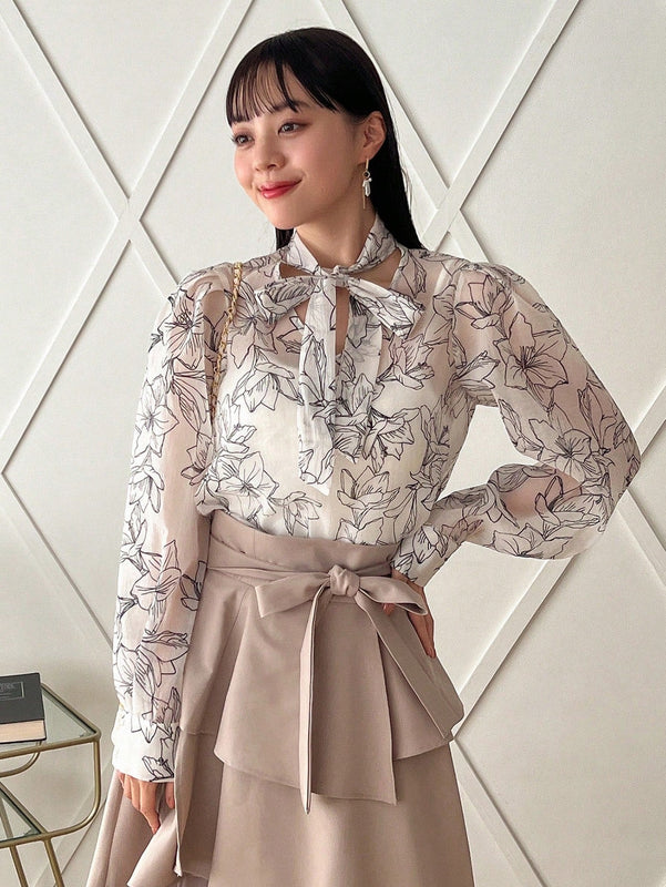FRIFUL Camisa De Manga Larga Para Mujer Con Diseno De Flores Impresas Y Lazo Frontal