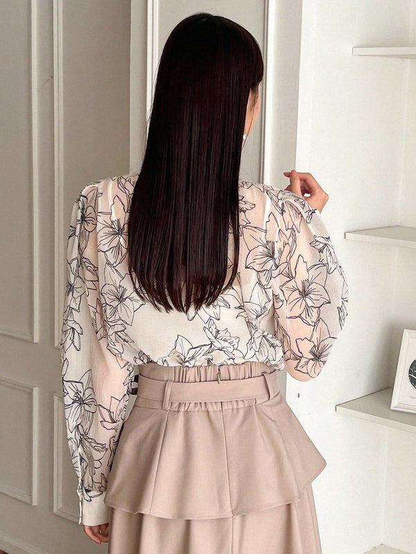 FRIFUL Camisa De Manga Larga Para Mujer Con Diseno De Flores Impresas Y Lazo Frontal