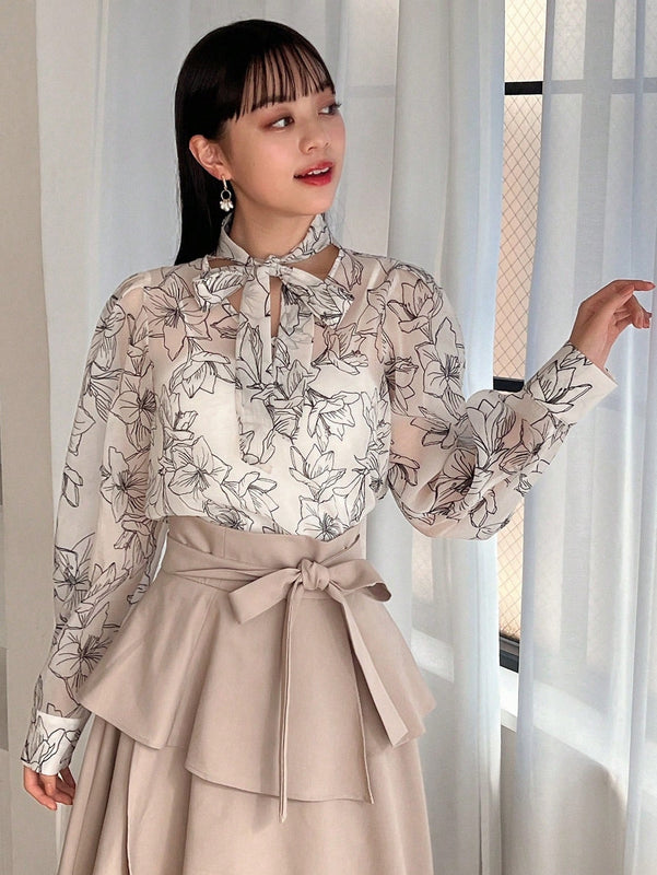 FRIFUL Camisa De Manga Larga Para Mujer Con Diseno De Flores Impresas Y Lazo Frontal