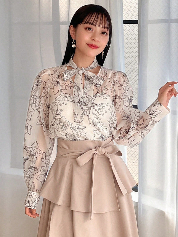 FRIFUL Camisa De Manga Larga Para Mujer Con Diseno De Flores Impresas Y Lazo Frontal