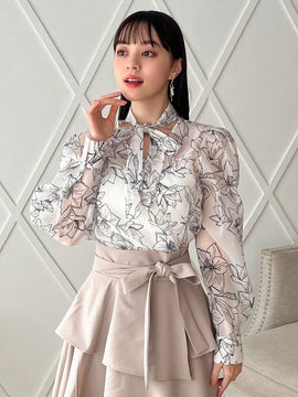 FRIFUL Camisa De Manga Larga Para Mujer Con Diseno De Flores Impresas Y Lazo Frontal
