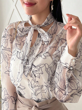 FRIFUL Camisa De Manga Larga Para Mujer Con Diseno De Flores Impresas Y Lazo Frontal