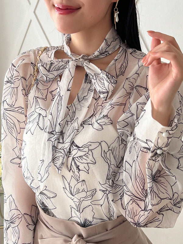FRIFUL Camisa De Manga Larga Para Mujer Con Diseno De Flores Impresas Y Lazo Frontal