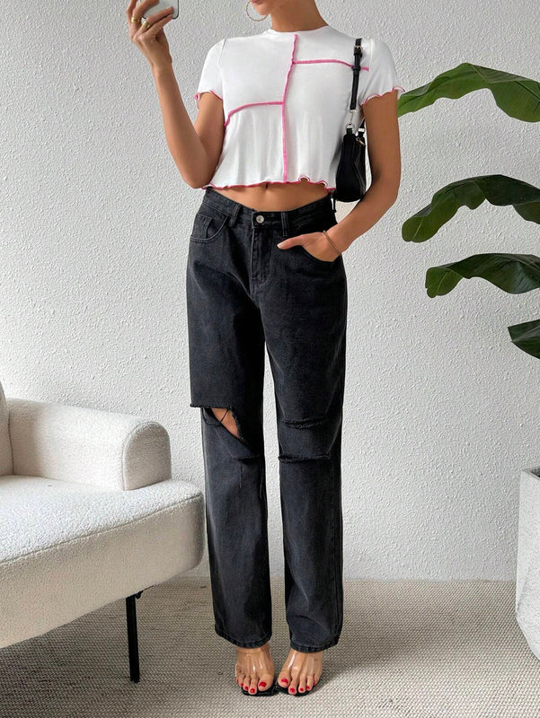 Camiseta Casual De Punto Con Bloque De Color Blanco Y Rojo Rosa De Primavera/verano Para Mujeres , Cuello Redondo Y Costuras Epuestas