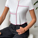 Camiseta Casual De Punto Con Bloque De Color Blanco Y Rojo Rosa De Primavera/verano Para Mujeres , Cuello Redondo Y Costuras Epuestas