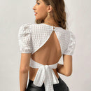 Prive Blusa De Mujer Blanca Con Mangas Abullonadas Sin Espalda Y Correa Para Anudar