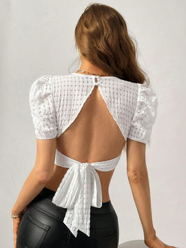 Prive Blusa De Mujer Blanca Con Mangas Abullonadas Sin Espalda Y Correa Para Anudar
