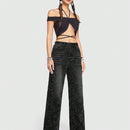 ROMWE Avant Jeans De Mezclilla De Pernera Ancha Y Talle Alto Para Mujer Con Adorno De Estrella De Diamantes De Imitacion