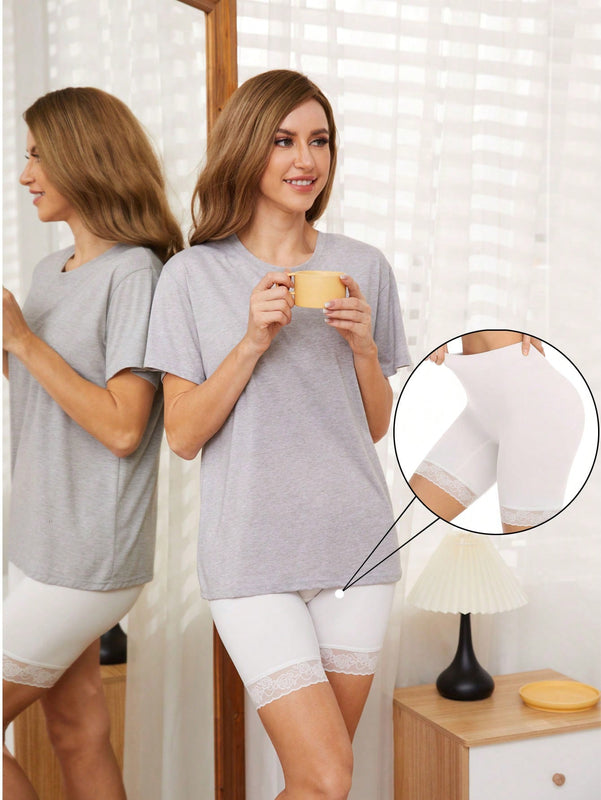 Pantalones Cortos De Moto Con Ribete De Encaje, Pantalones Cortos De Deslizamiento Para Mujeres, Comodos Pantalones Cortos De Deslizamiento Sin Costuras Y Elasticos Para Usar Debajo De Vestidos