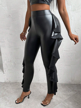 Slayr Pantalones De PU Con Ajuste Slim Para Mujer Con Dobladillo Con Volantes