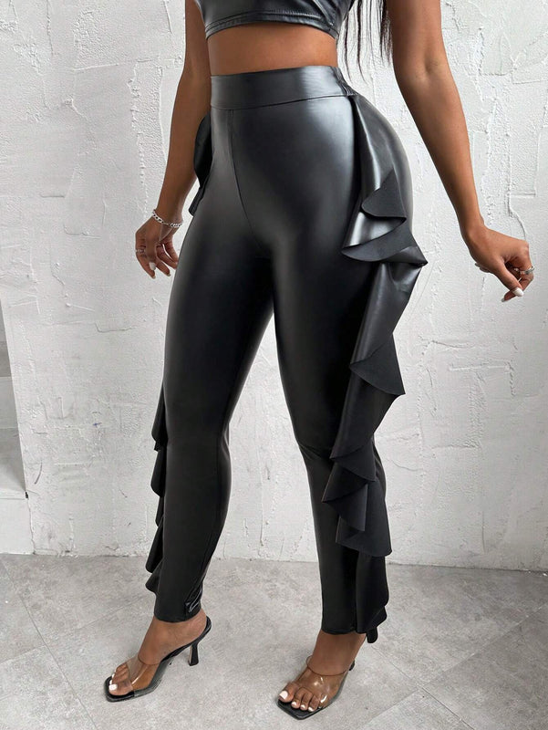Slayr Pantalones De PU Con Ajuste Slim Para Mujer Con Dobladillo Con Volantes
