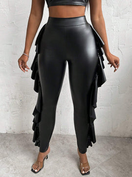 Slayr Pantalones De PU Con Ajuste Slim Para Mujer Con Dobladillo Con Volantes