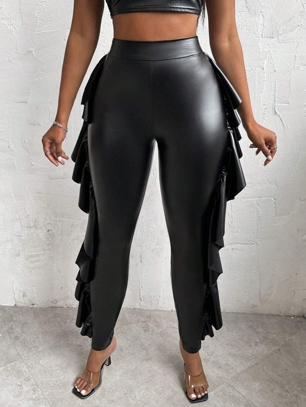 Slayr Pantalones De PU Con Ajuste Slim Para Mujer Con Dobladillo Con Volantes