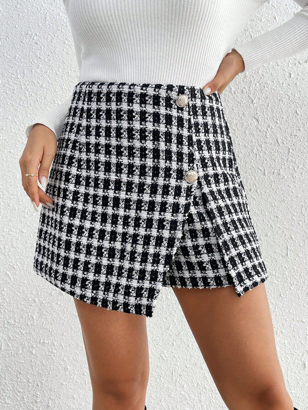 Frenchy Pantalones Cortos De Cuadros Con Abertura Lateral Para Mujeres
