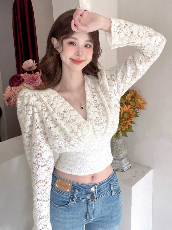DAZY Blusa De Manga Larga Con Cuello En V Para Mujer