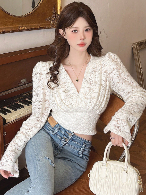 DAZY Blusa De Manga Larga Con Cuello En V Para Mujer