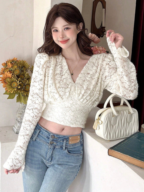 DAZY Blusa De Manga Larga Con Cuello En V Para Mujer