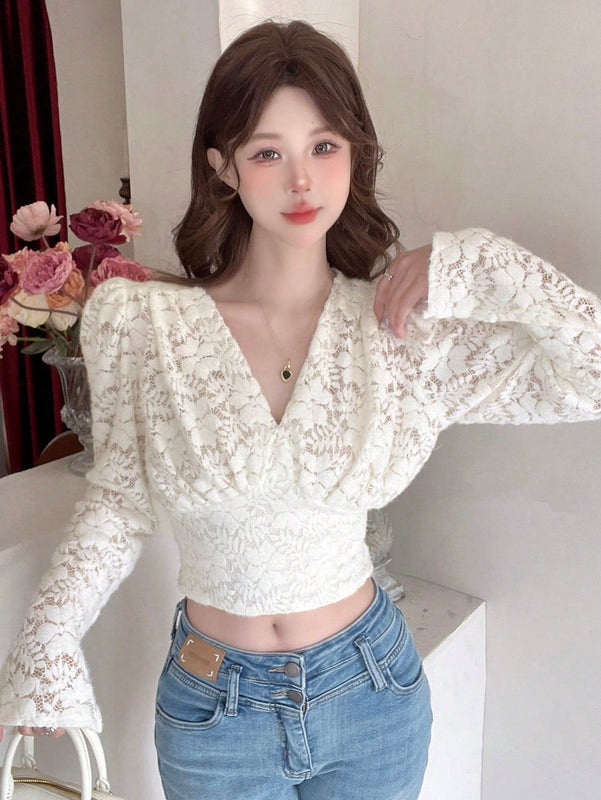 DAZY Blusa De Manga Larga Con Cuello En V Para Mujer