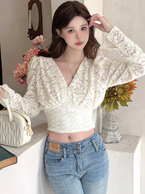 DAZY Blusa De Manga Larga Con Cuello En V Para Mujer