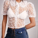Blusa De Mangas Abullonadas Para Mujer Con Pequeno Estampado Floral Y Tela Transparente