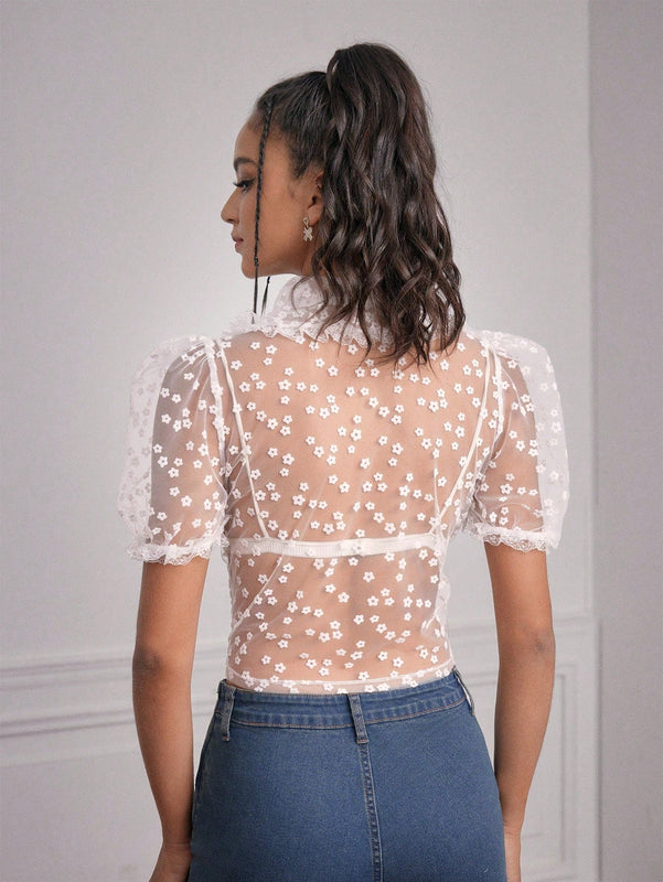 Forever 21 Blusa De Mangas Abullonadas Para Mujer Con Pequeno Estampado Floral Y Tela Transparente