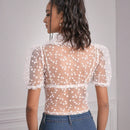 Blusa De Mangas Abullonadas Para Mujer Con Pequeno Estampado Floral Y Tela Transparente