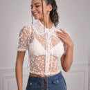 Blusa De Mangas Abullonadas Para Mujer Con Pequeno Estampado Floral Y Tela Transparente