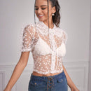 Blusa De Mangas Abullonadas Para Mujer Con Pequeno Estampado Floral Y Tela Transparente