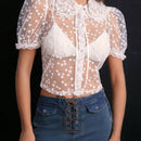 Blusa De Mangas Abullonadas Para Mujer Con Pequeno Estampado Floral Y Tela Transparente