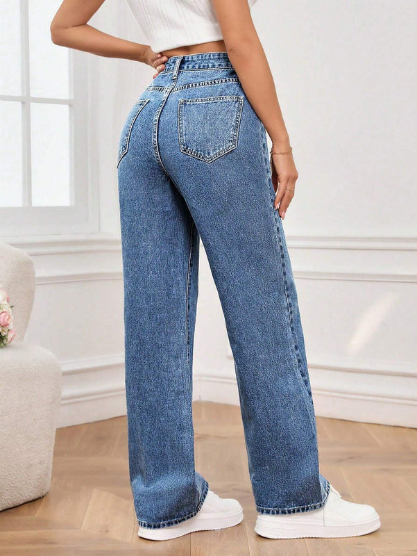 Tall Jean De Mezclilla De Pierna Recta De Cintura Alta Para Mujer