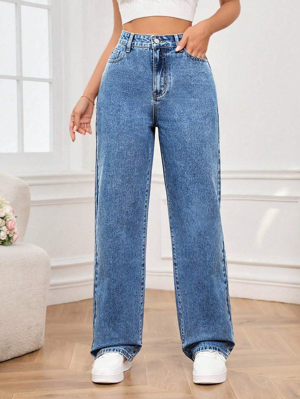 Tall Jean De Mezclilla De Pierna Recta De Cintura Alta Para Mujer