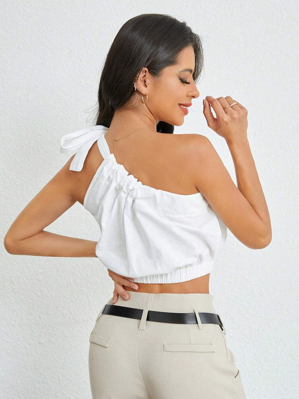 Blusa Solida Con Nudo Y Un Hombro Al Descubierto