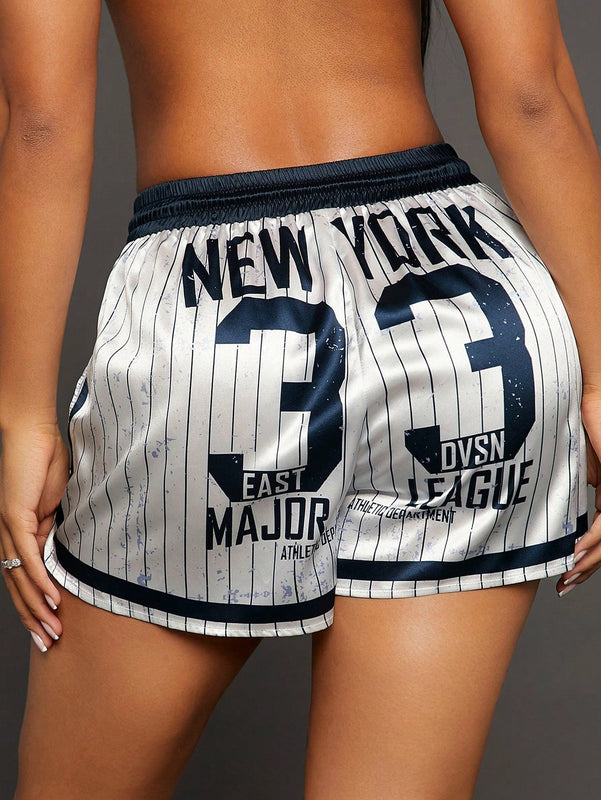 SXY Pantalones cortos con cinturilla elastica con estampados numericos y alfabeticos y rayas satinadas para deportes