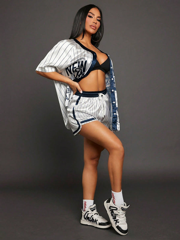 SXY Pantalones cortos con cinturilla elastica con estampados numericos y alfabeticos y rayas satinadas para deportes