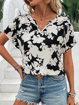 LUNE Camisa De Manga Corta Con Estampado De Flores Y Cuello Con Muesca