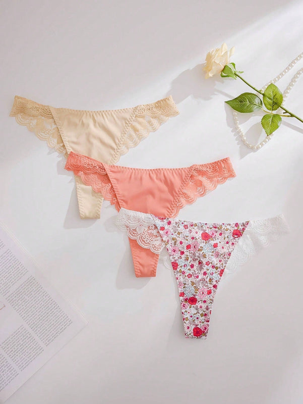 Tangas De Encaje Y Parches Para Mujeres (3 Piezas/paquete)